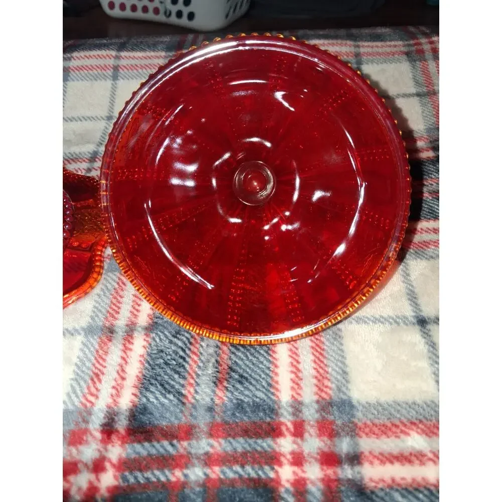Vintage Amberlina Carnival Glass Domed Butter Dish Beaded Holly Summit UV
